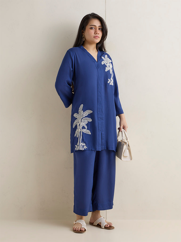 Diza Dark Blue Botanical Embroidered Tunic
