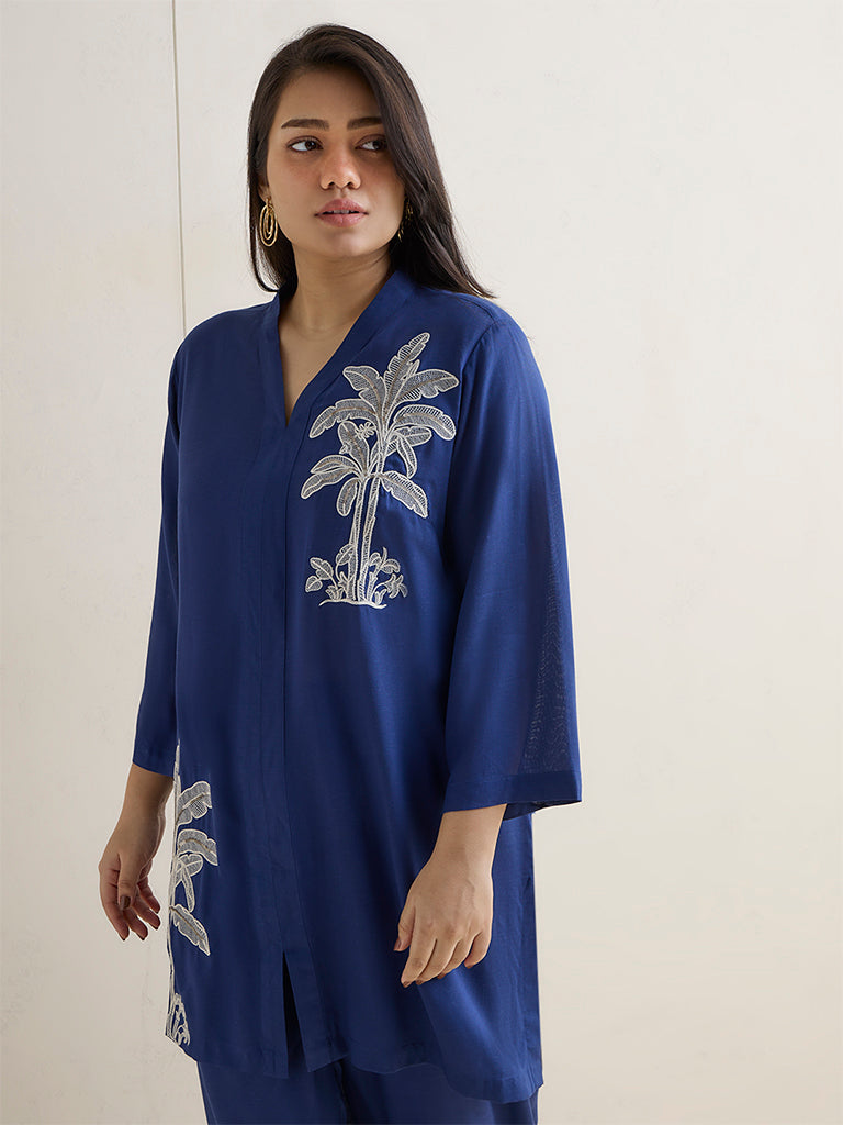 Diza Dark Blue Botanical Embroidered Tunic