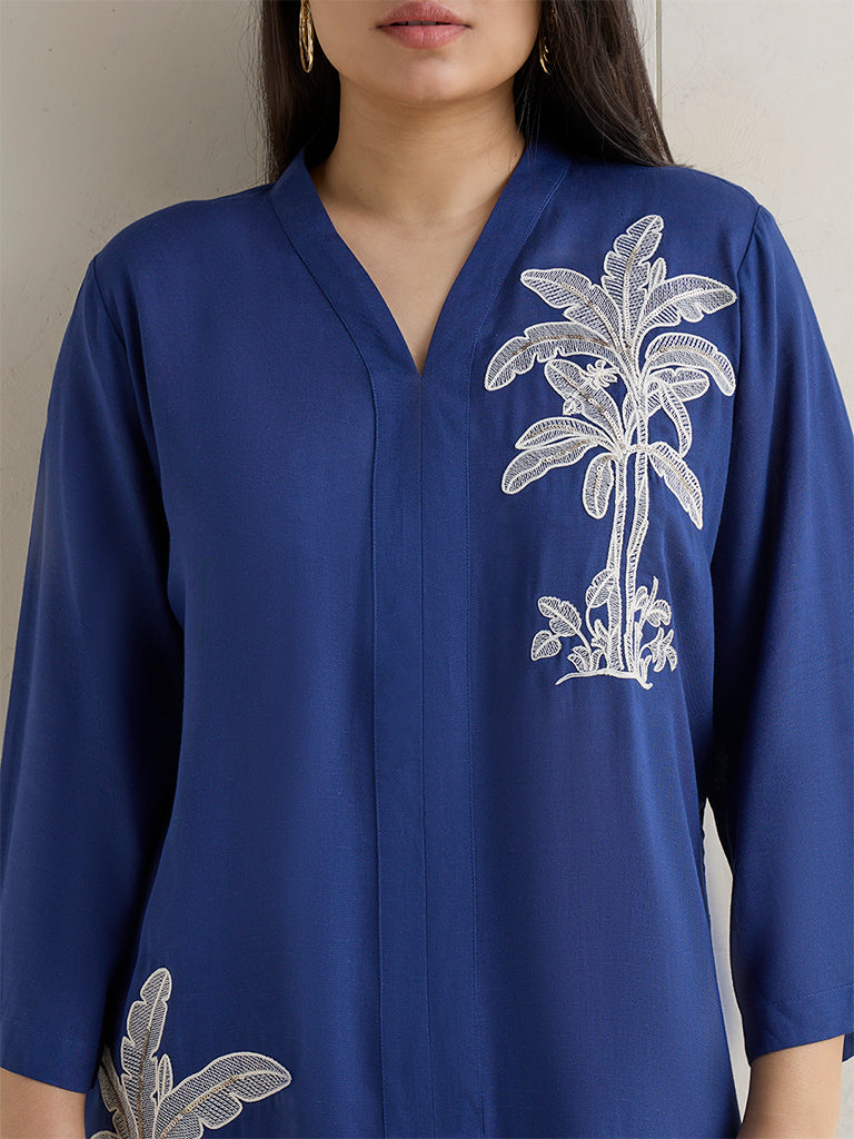 Diza Dark Blue Botanical Embroidered Tunic