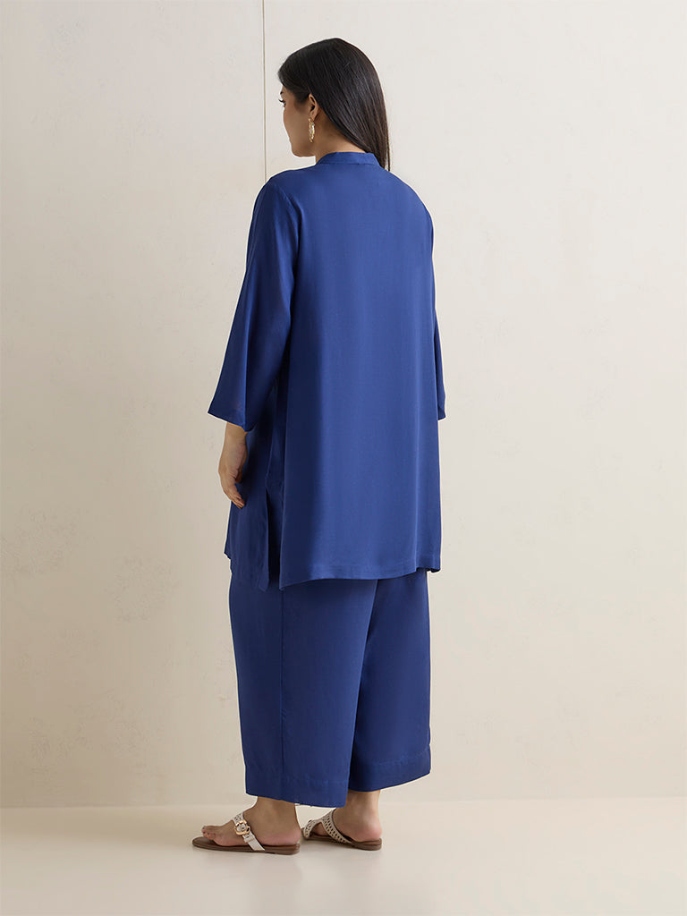 Diza Dark Blue Botanical Embroidered Tunic
