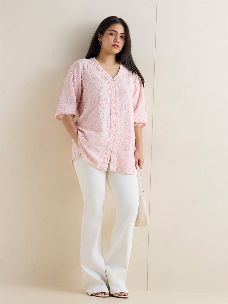 Diza Light Pink Floral Embroidered Cotton Tunic