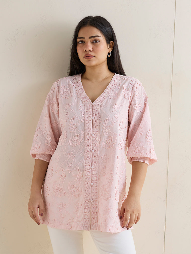 Diza Light Pink Floral Embroidered Cotton Tunic