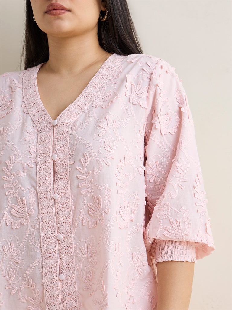 Diza Light Pink Floral Embroidered Cotton Tunic