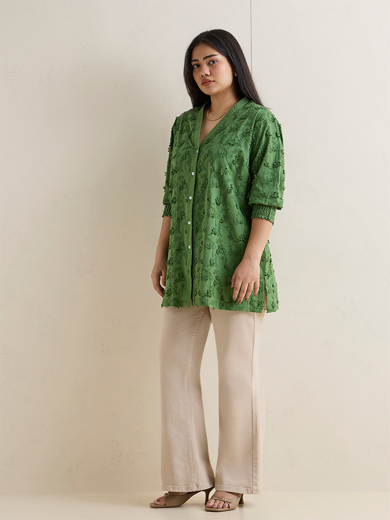 Diza Green Floral Embroidered Cotton Tunic