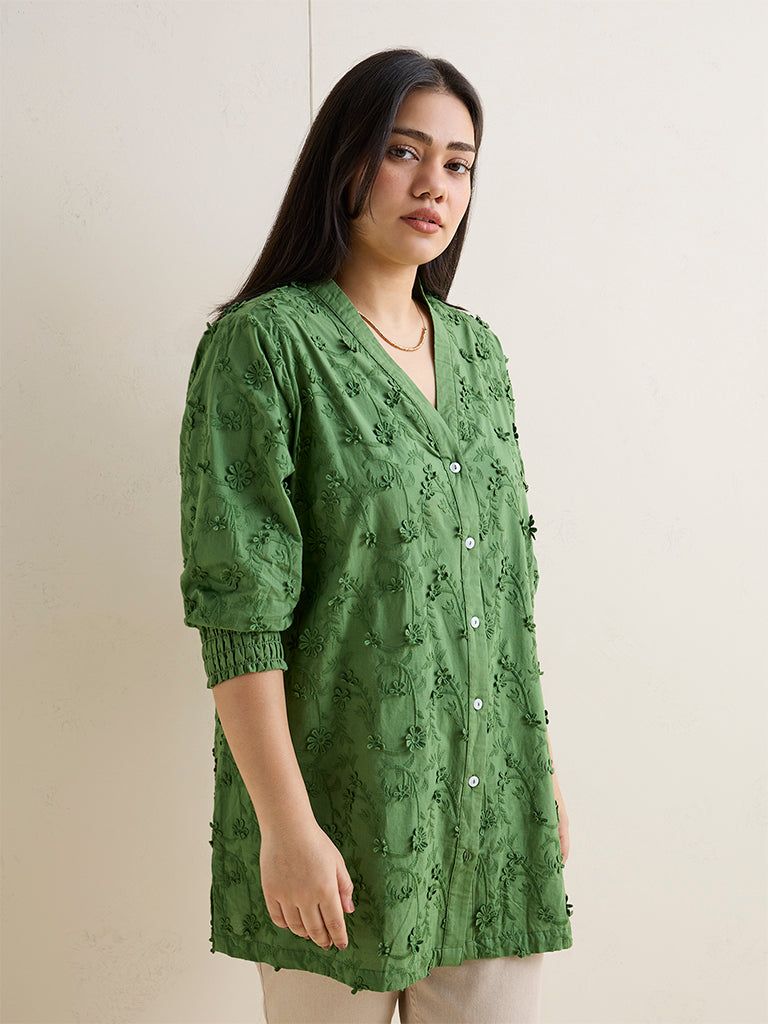 Diza Green Floral Embroidered Cotton Tunic