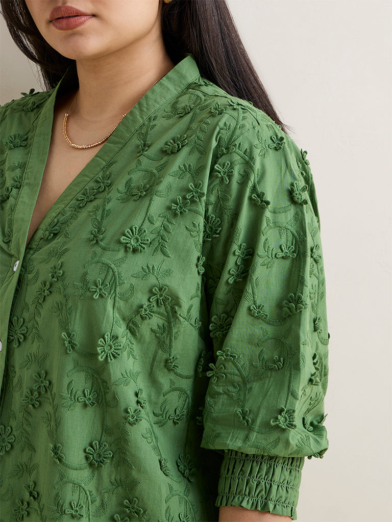 Diza Green Floral Embroidered Cotton Tunic