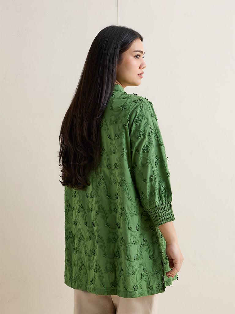 Diza Green Floral Embroidered Cotton Tunic