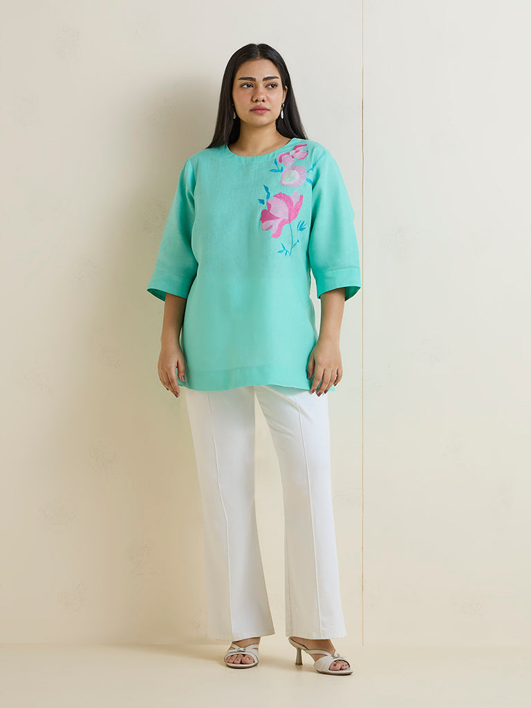 Diza Turquoise Floral Embroidered High-Low Linen-Blend Kurti