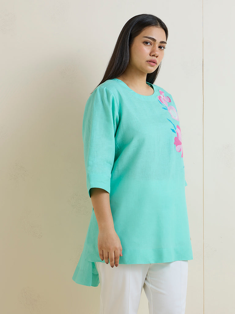 Diza Turquoise Floral Embroidered High-Low Linen-Blend Kurti
