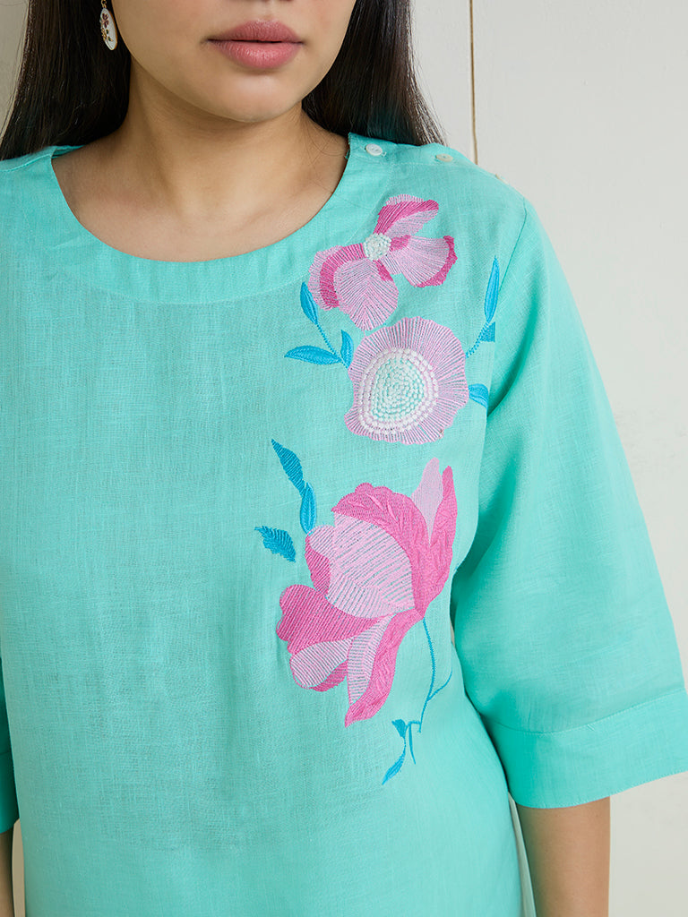 Diza Turquoise Floral Embroidered High-Low Linen-Blend Kurti