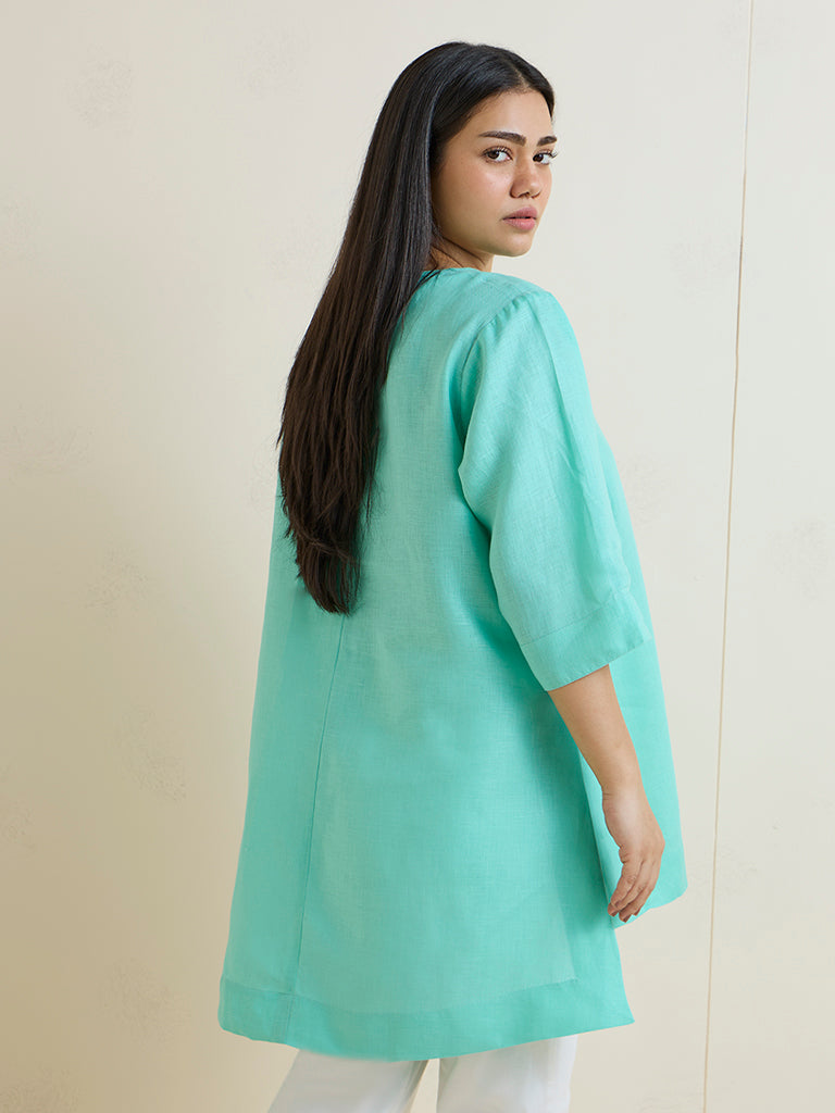 Diza Turquoise Floral Embroidered High-Low Linen-Blend Kurti