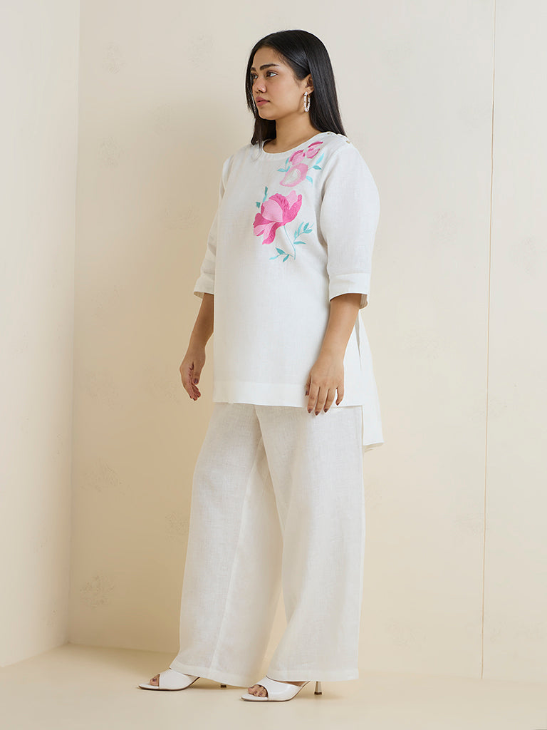 Diza White Floral Embroidered High-Low Linen-Blend Kurti