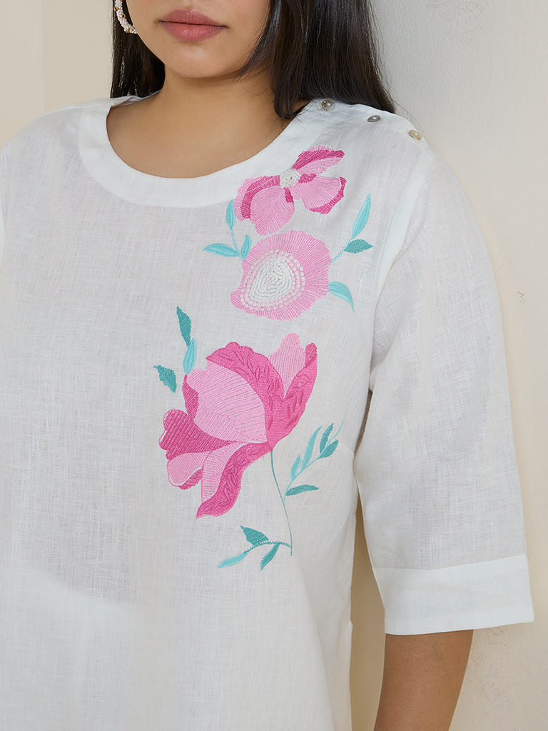 Diza White Floral Embroidered High-Low Linen-Blend Kurti