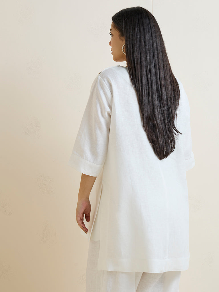 Diza White Floral Embroidered High-Low Linen-Blend Kurti