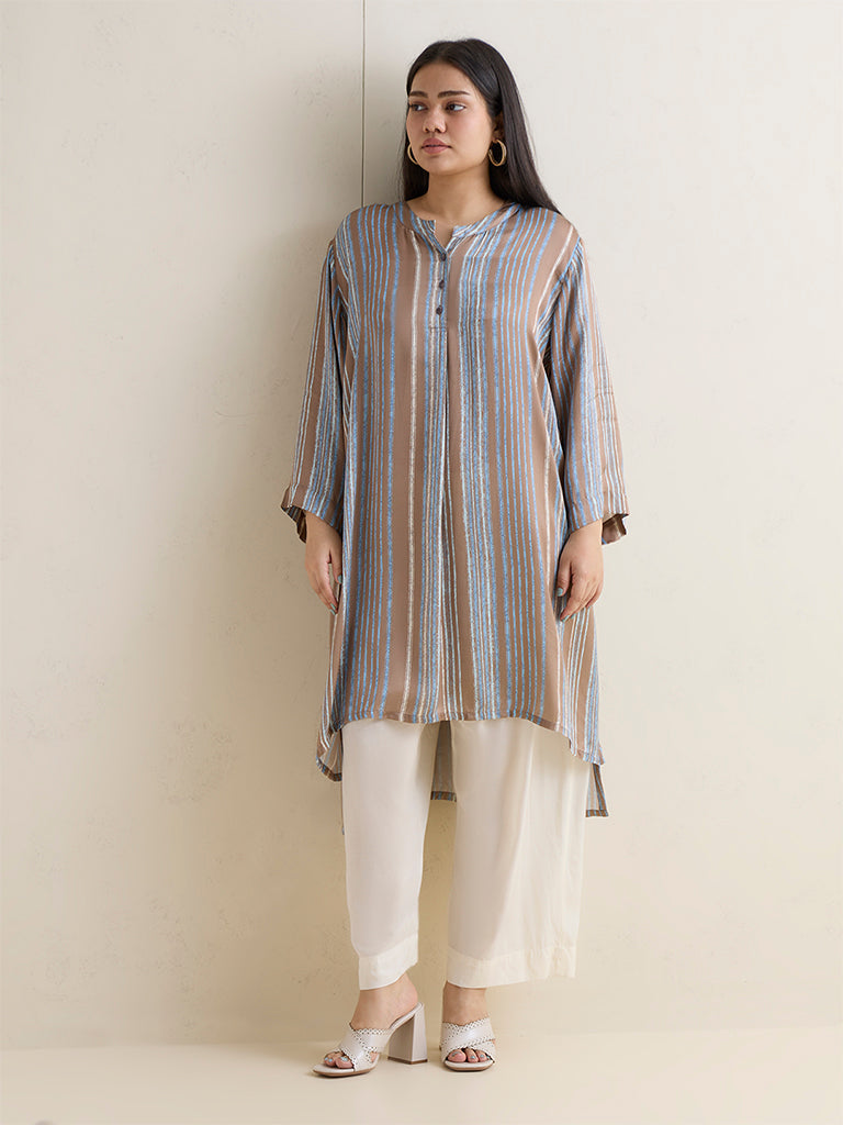 Diza Brown Striped High-Low Kurta