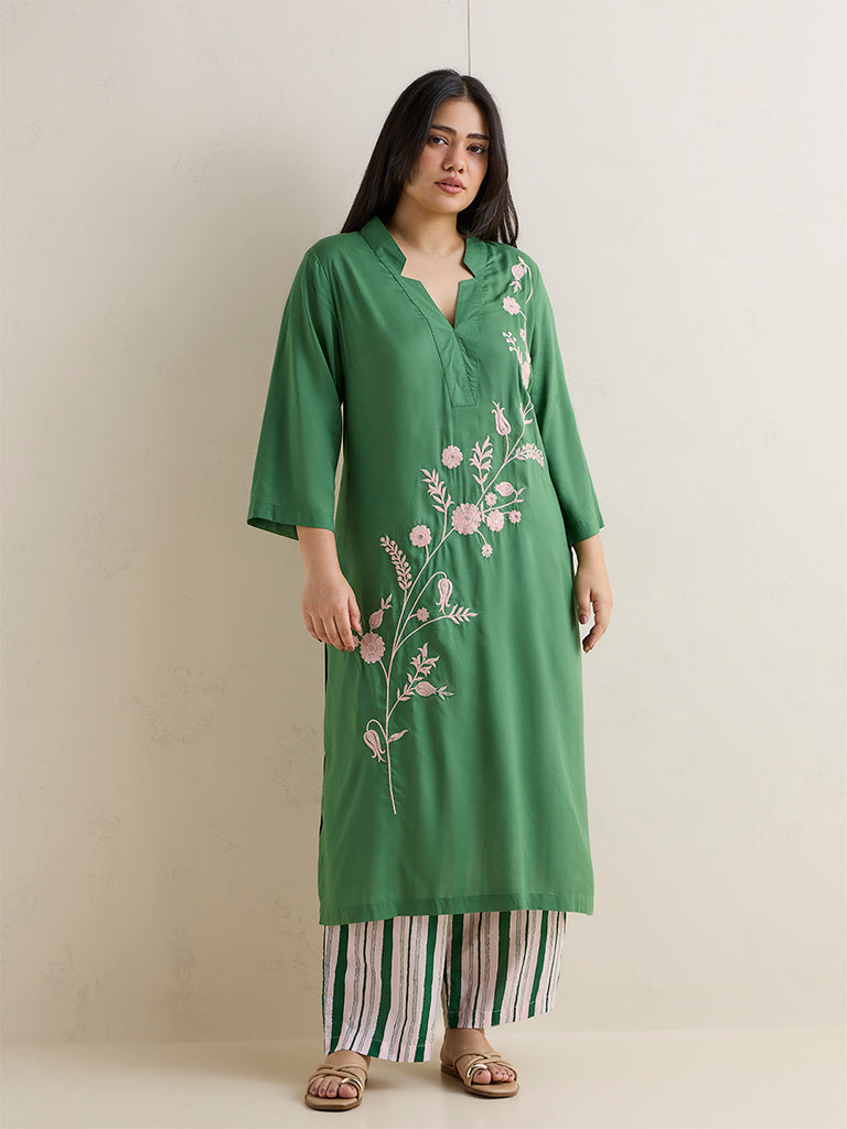 Diza Green Floral Embroidered A-Line Kurta