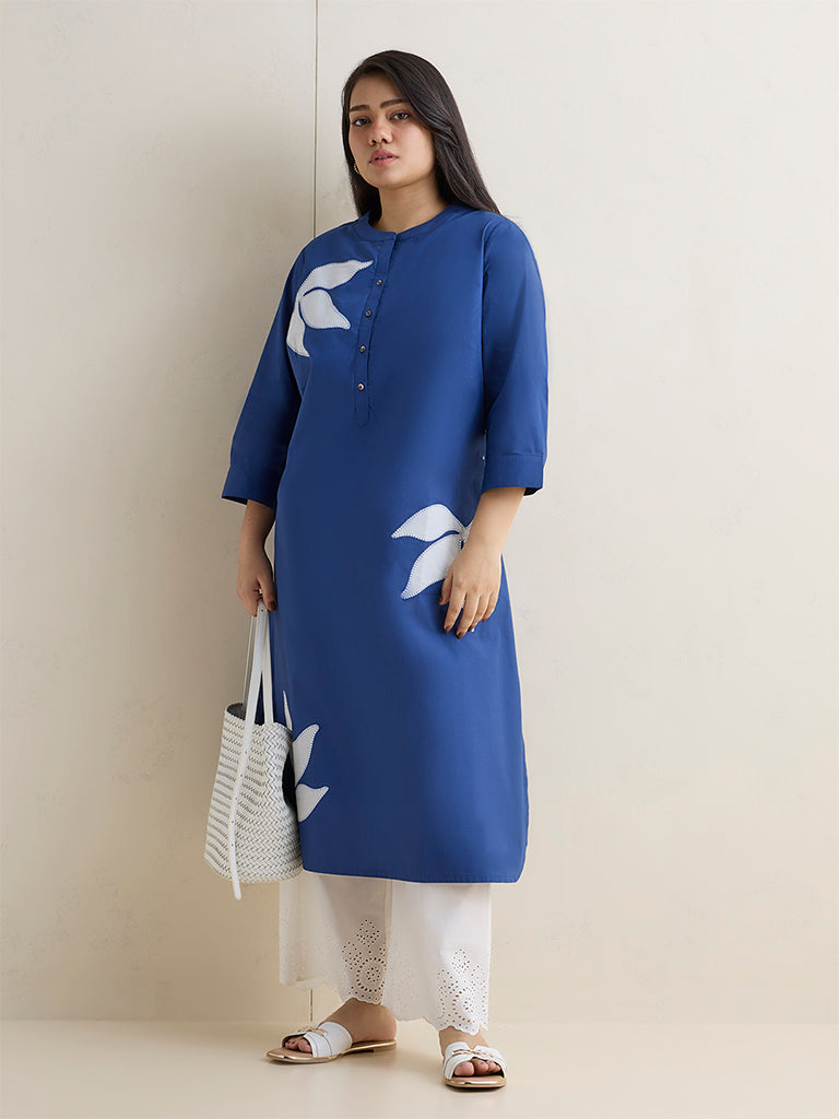 Diza Dark Blue Botanical Printed Cotton A-Line Kurta