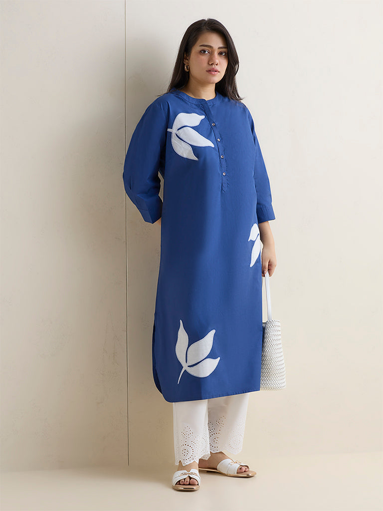 Diza Dark Blue Botanical Printed Cotton A-Line Kurta