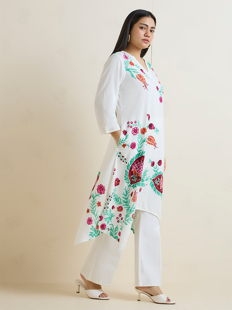 Diza White Foliage Design A-Line Kurta