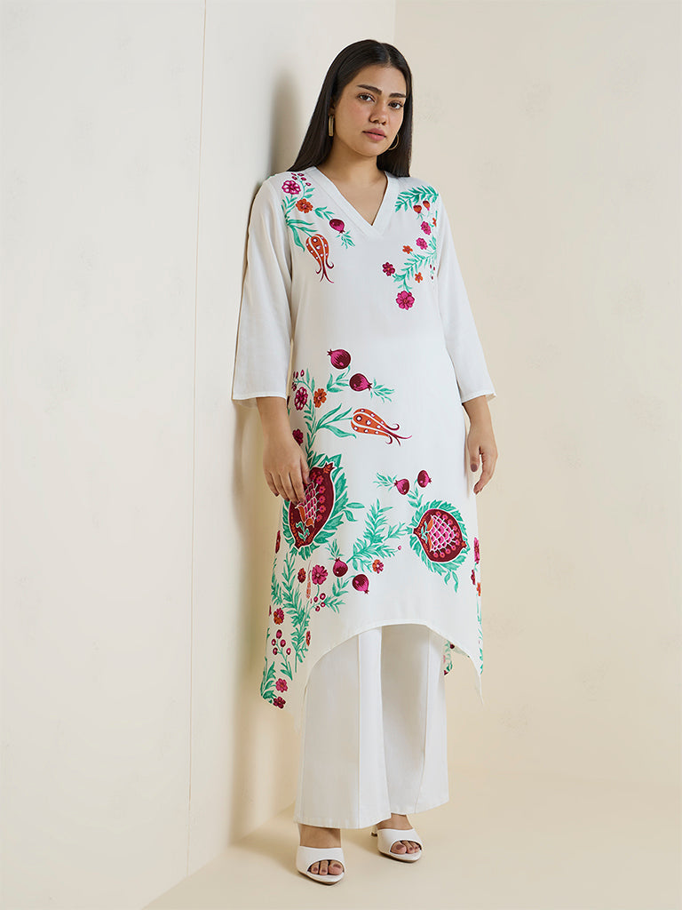 Diza White Foliage Design A-Line Kurta