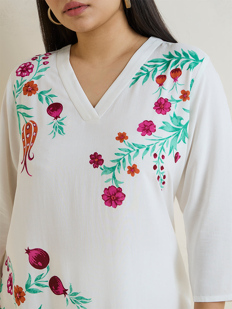 Diza White Foliage Design A-Line Kurta