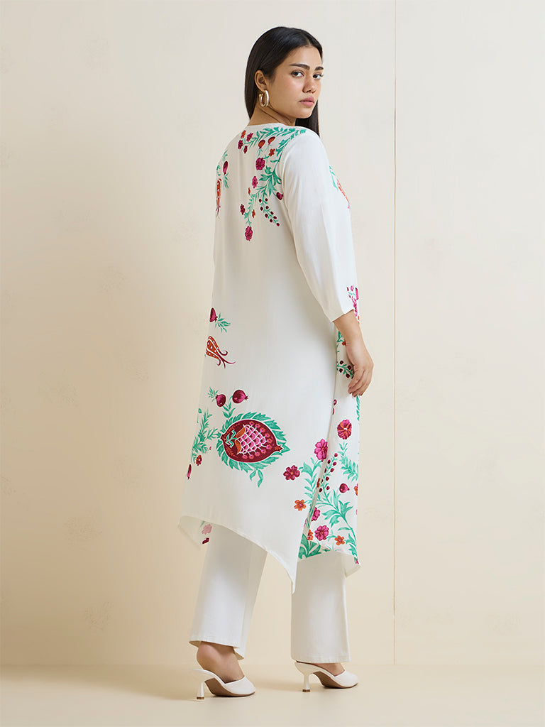 Diza White Foliage Design A-Line Kurta