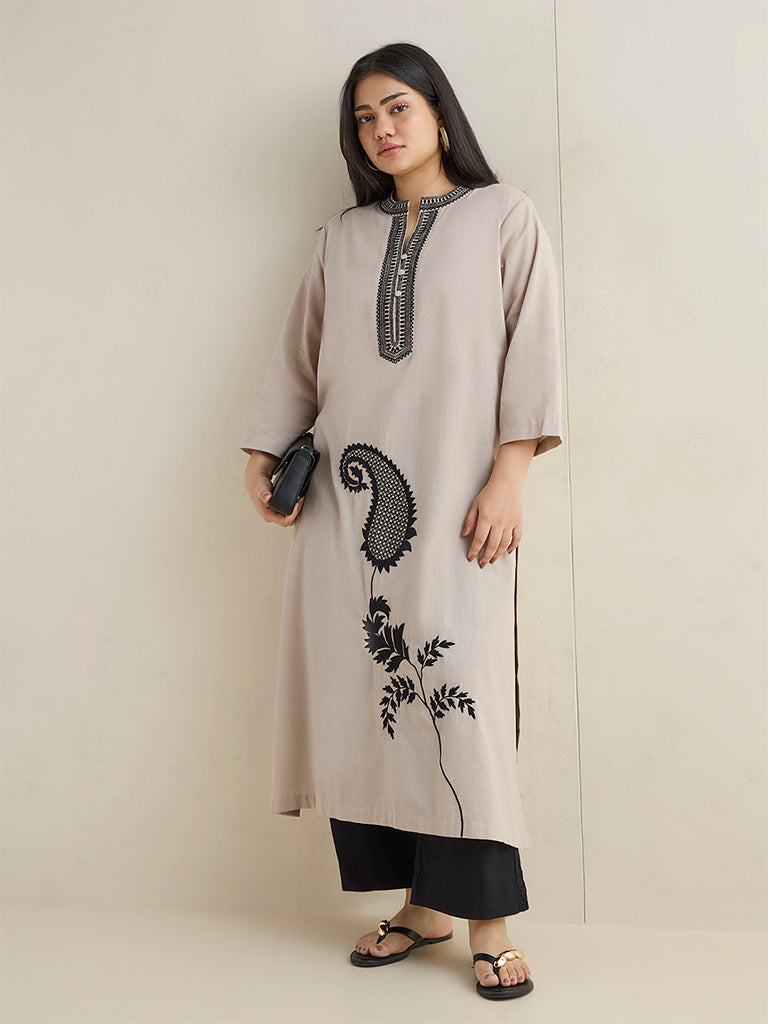 Diza Light Taupe Embroidered Cotton-Blend A-Line Kurta