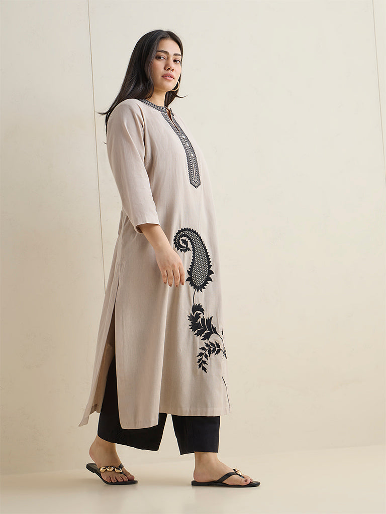 Diza Light Taupe Embroidered Cotton-Blend A-Line Kurta