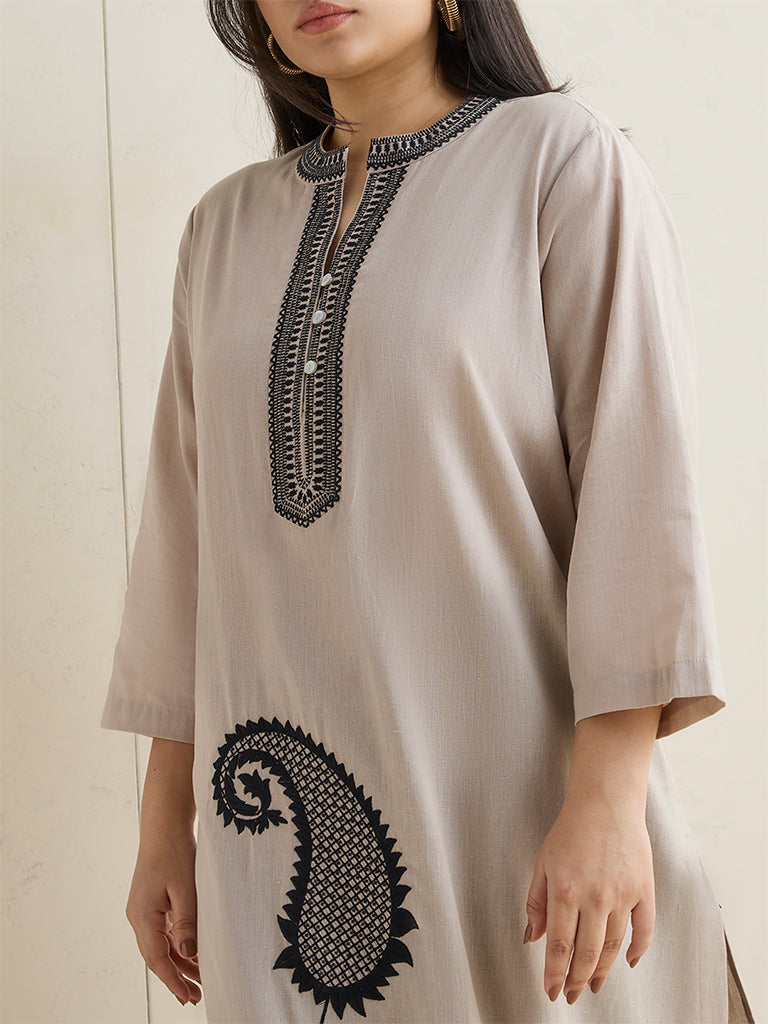 Diza Light Taupe Embroidered Cotton-Blend A-Line Kurta