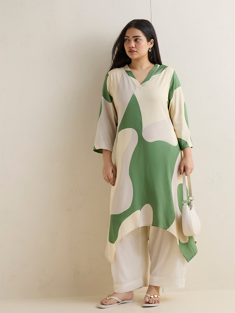 Diza Green Abstract Printed A-Line Kurta