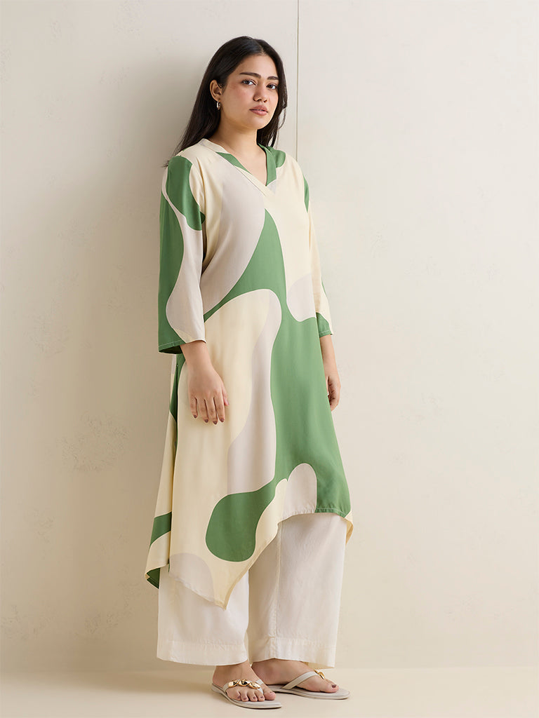 Diza Green Abstract Printed A-Line Kurta