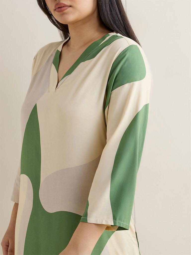 Diza Green Abstract Printed A-Line Kurta