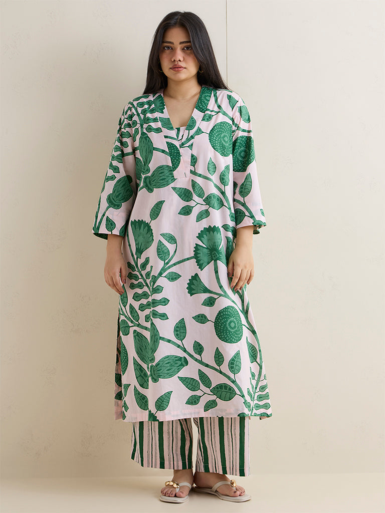 Diza Green Floral Printed Cotton A-Line Kurta