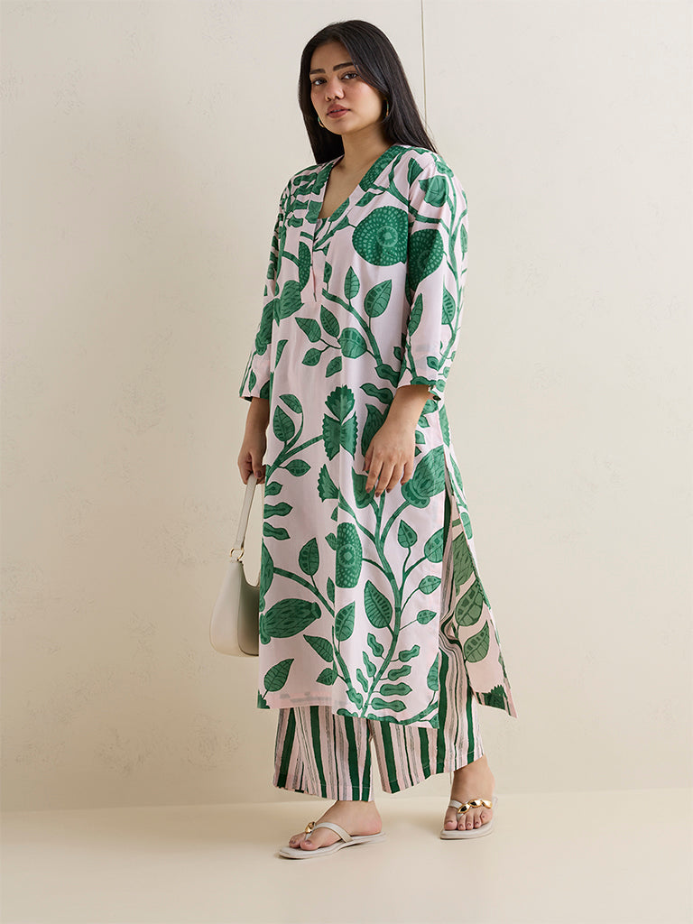Diza Green Floral Printed Cotton A-Line Kurta