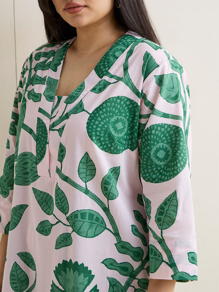 Diza Green Floral Printed Cotton A-Line Kurta