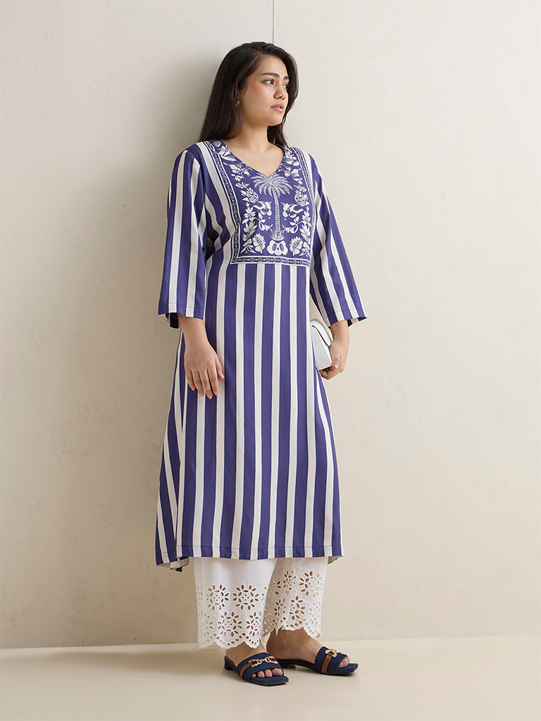 Diza Blue Striped A-Line Kurta