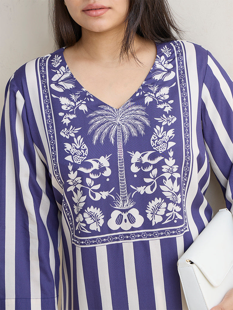 Diza Blue Striped A-Line Kurta