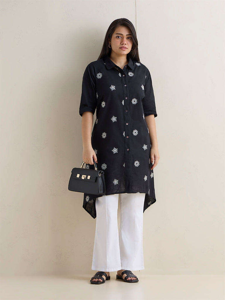 Diza Black Printed Cotton A-Line Kurta