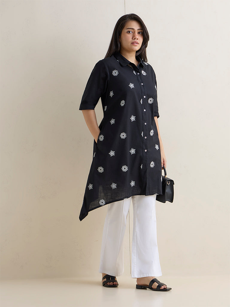 Diza Black Printed Cotton A-Line Kurta
