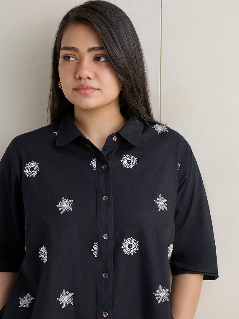 Diza Black Printed Cotton A-Line Kurta