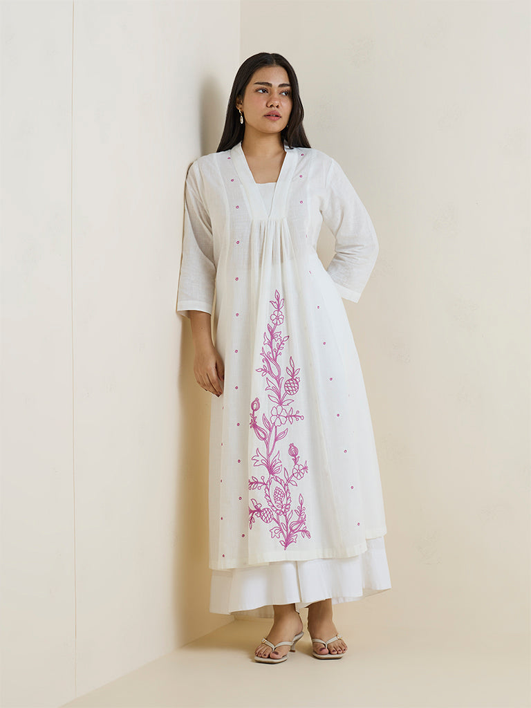 Diza White Floral Embroidered Cotton A-Line Kurta