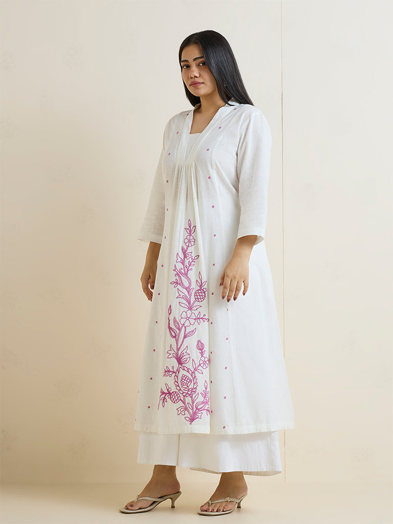 Diza White Floral Embroidered Cotton A-Line Kurta
