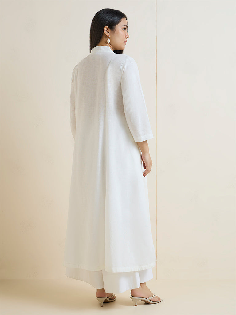 Diza White Floral Embroidered Cotton A-Line Kurta