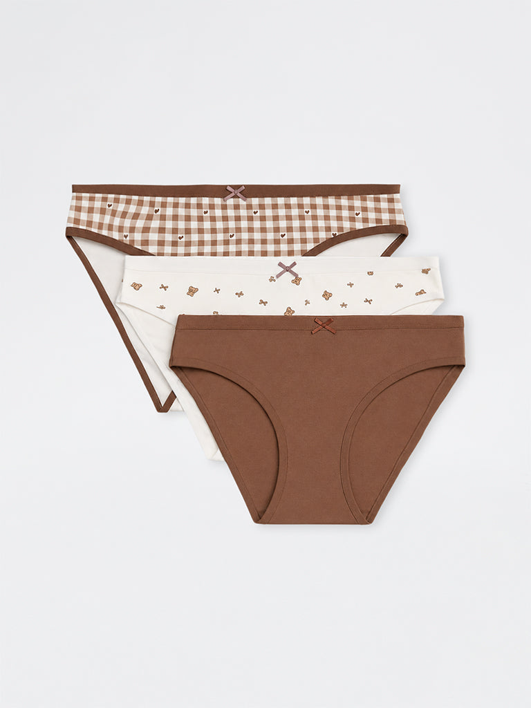 Wunderlove White Teddy Printed Cotton-Blend Bikini Briefs - Set of 3