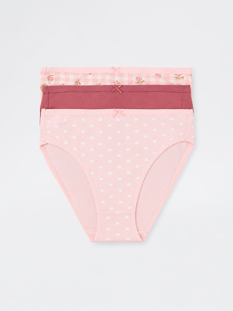 Wunderlove Pink Floral Printed Cotton-Blend Hi-Leg Briefs - Pack of 3