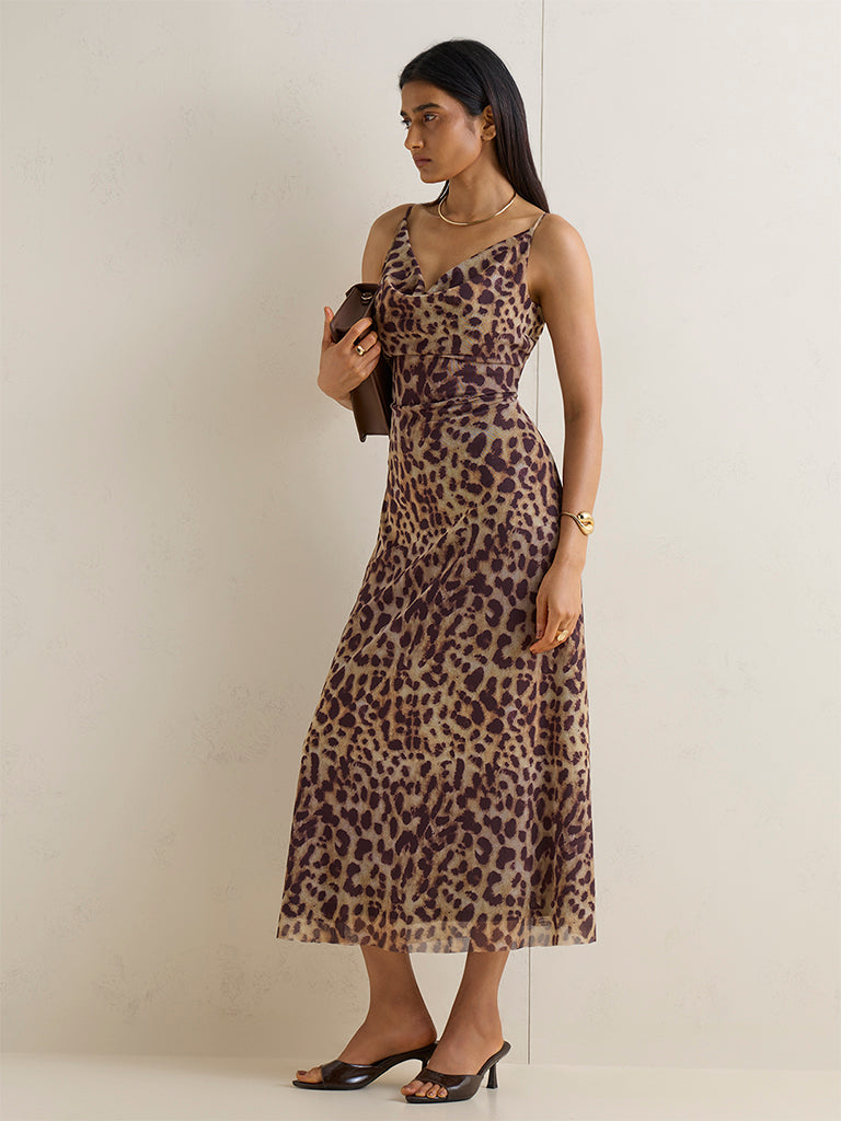 Wardrobe Brown Leopard Printed A-Line Dress