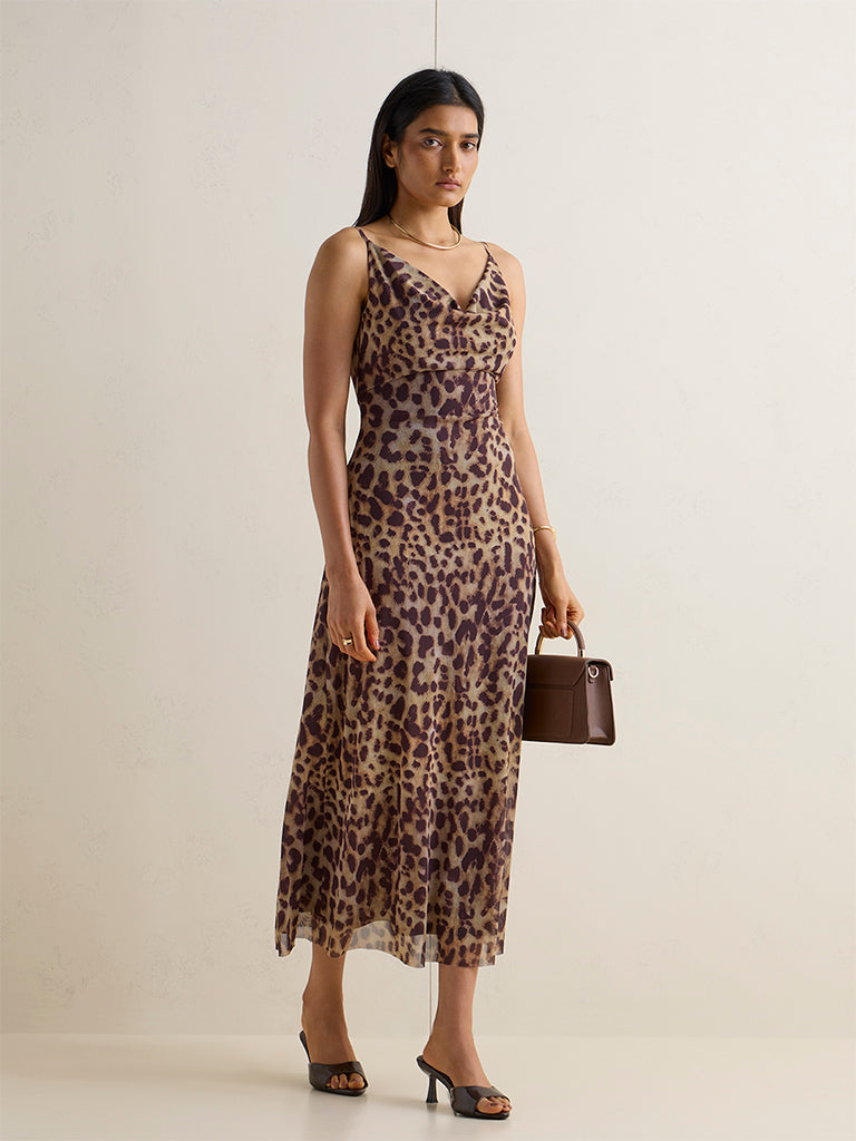 Wardrobe Brown Leopard Printed A-Line Dress