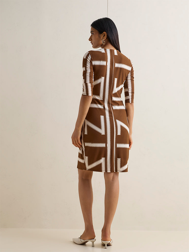 Wardrobe Brown Printed Wrap-Style Dress