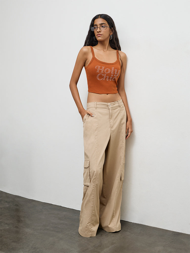 Nuon Rust Text Padded Embellished Cotton Tank Top