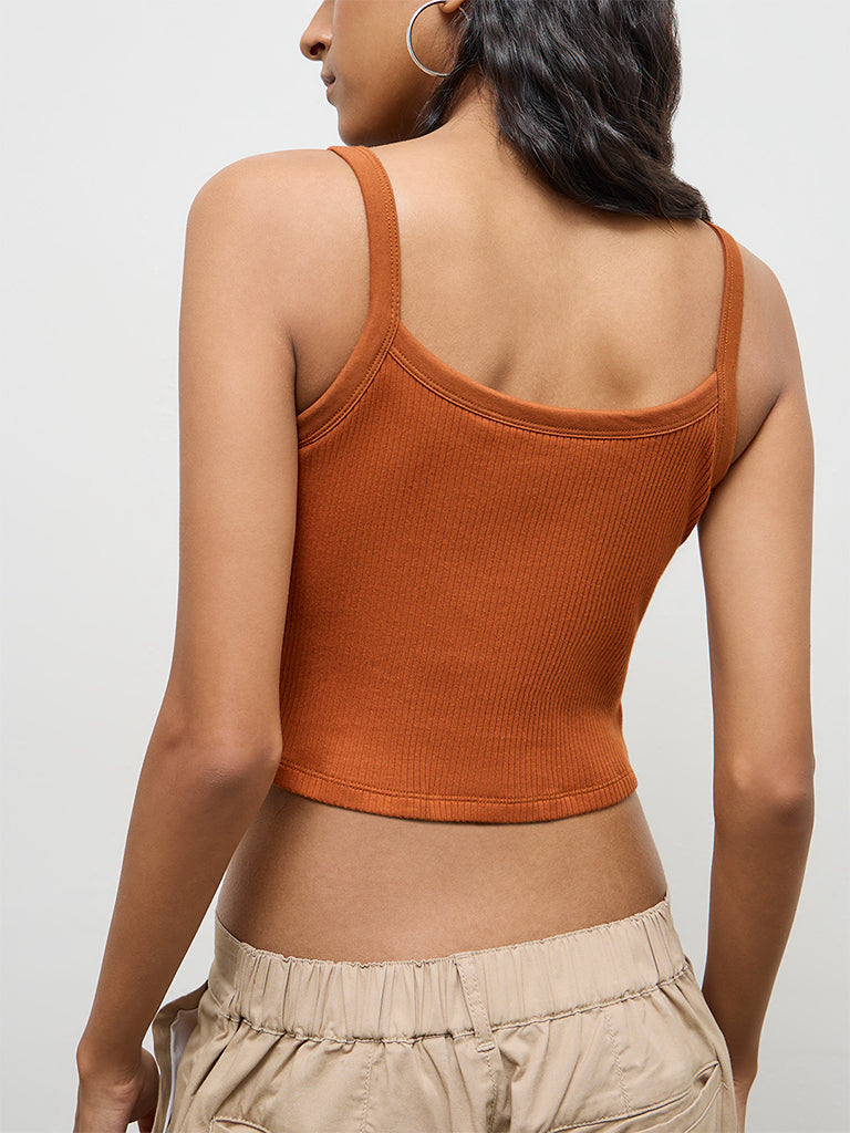 Nuon Rust Text Padded Embellished Cotton Tank Top